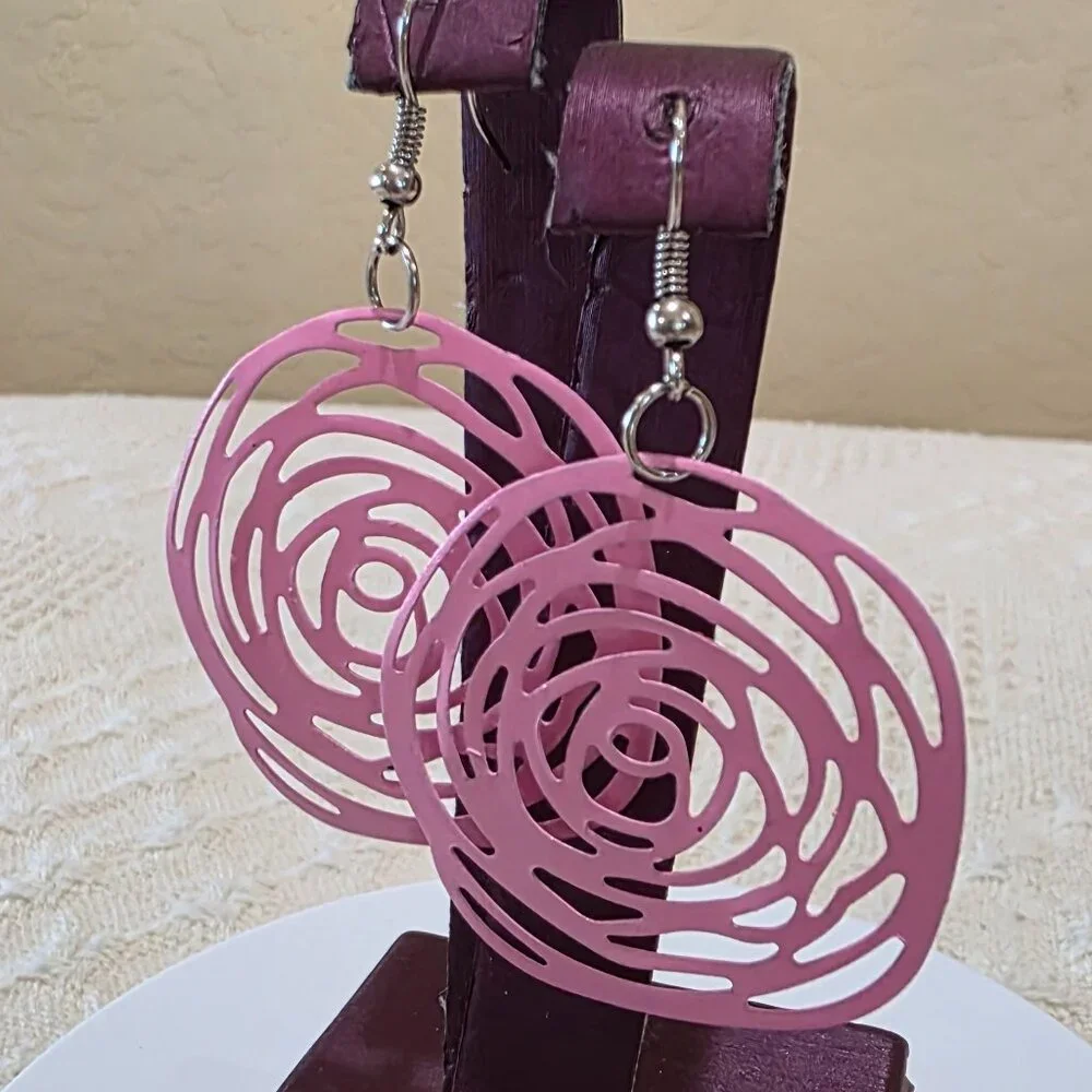 Beautiful Spring Flowers Light Pink Open Work Metal Rose Flower Dangle Earrings